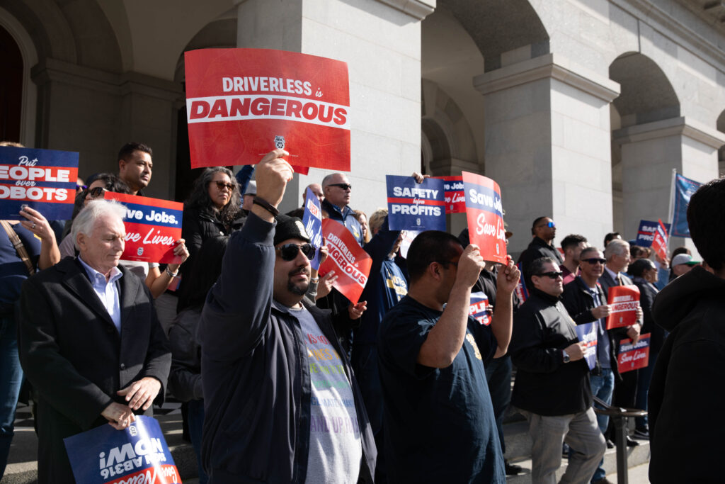 Teamsters gather at the California State Capitol on February 12, 2024 to announce the introduction of Assembly Bill 2286, which would require human operators in autonomous vehicles over 10,000 lbs.